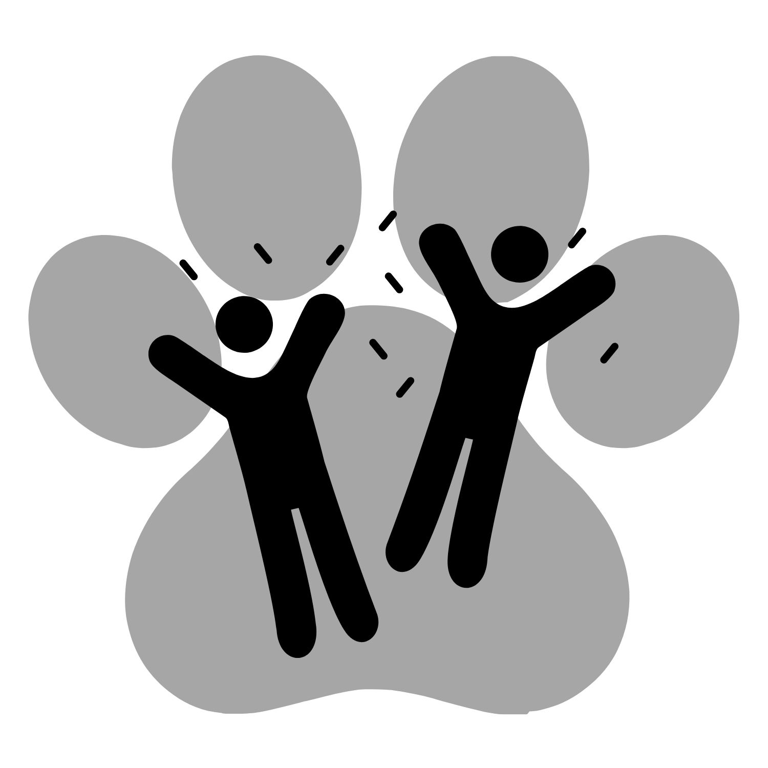 A simple graphic of two excited people jumping in the air in front of a backdrop of a large dog's paw